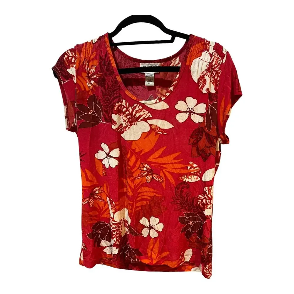 Chicos Travelers Red White Tropical Print Blouse Ruched Shoulders Size 1 (Medium